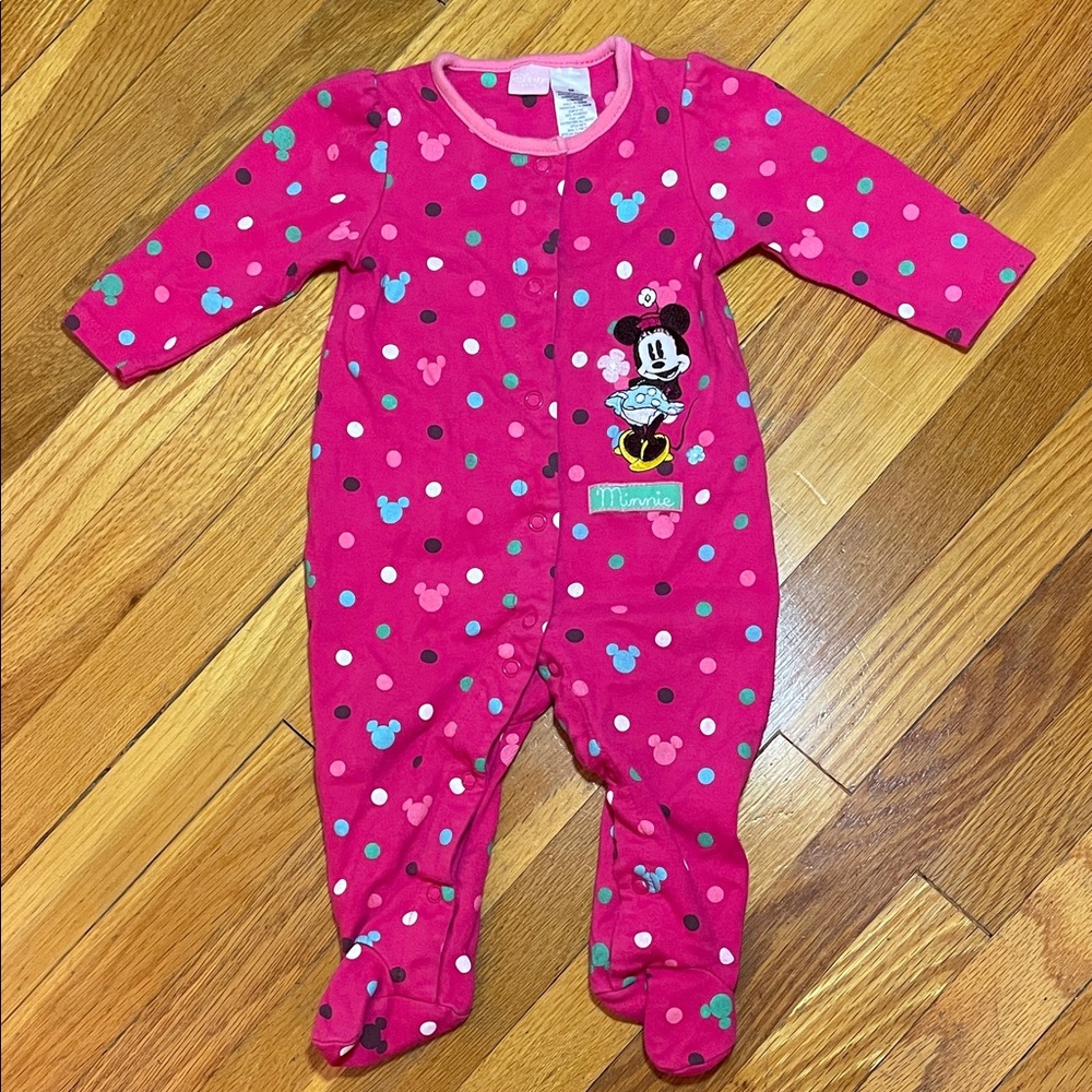 DISNEY BABY Vibrant Pink & Multicolor Polka Dot Footie Vintage Minnie Mouse